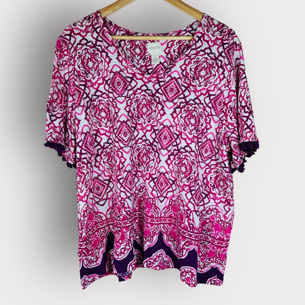 Chico’s Blouse Paisley Pom Pom V-Neck Short Sleeved Pink Purple Extra Large